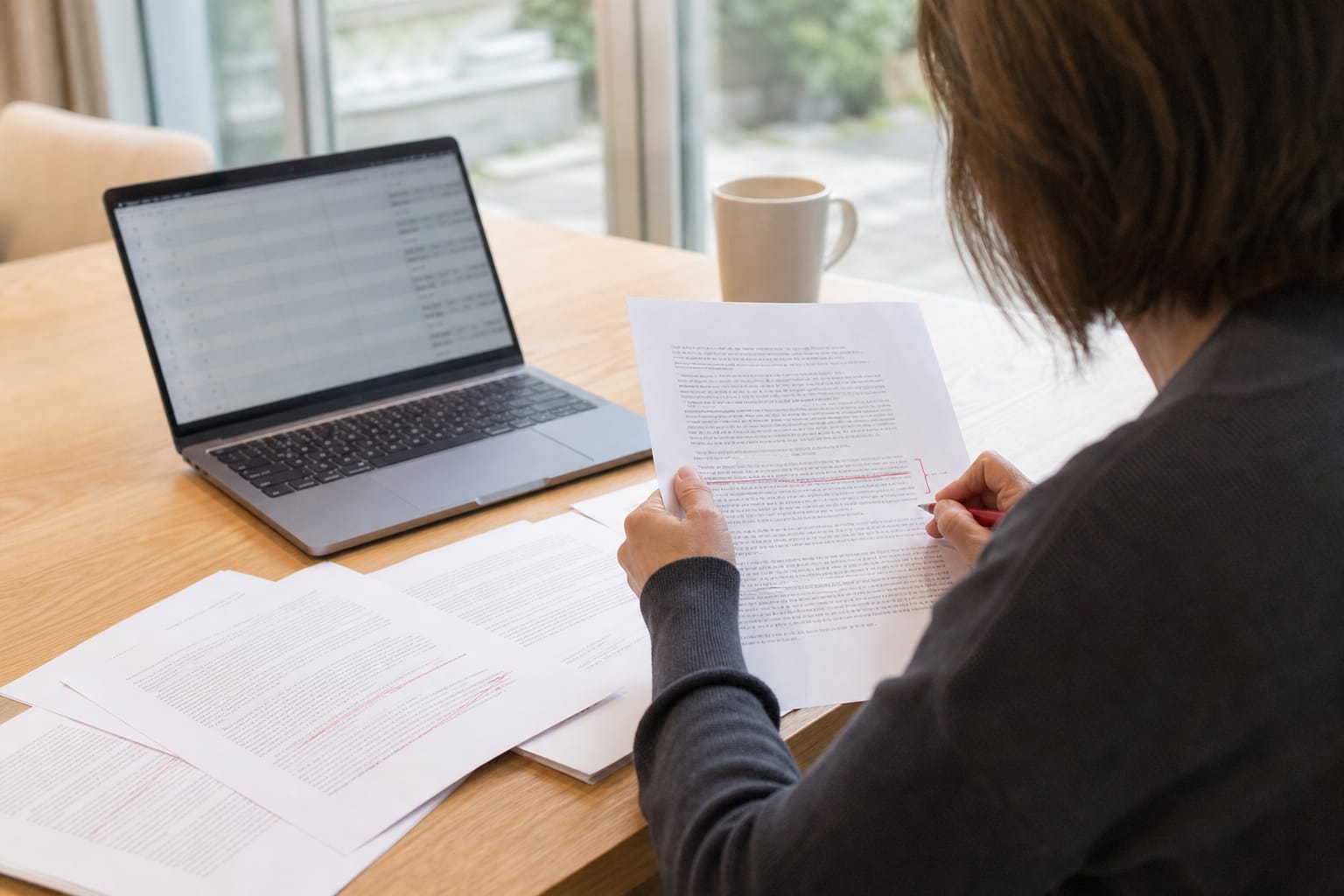 Editor marking a printed draft in red pen beside a laptop showing a content quality scoring panel