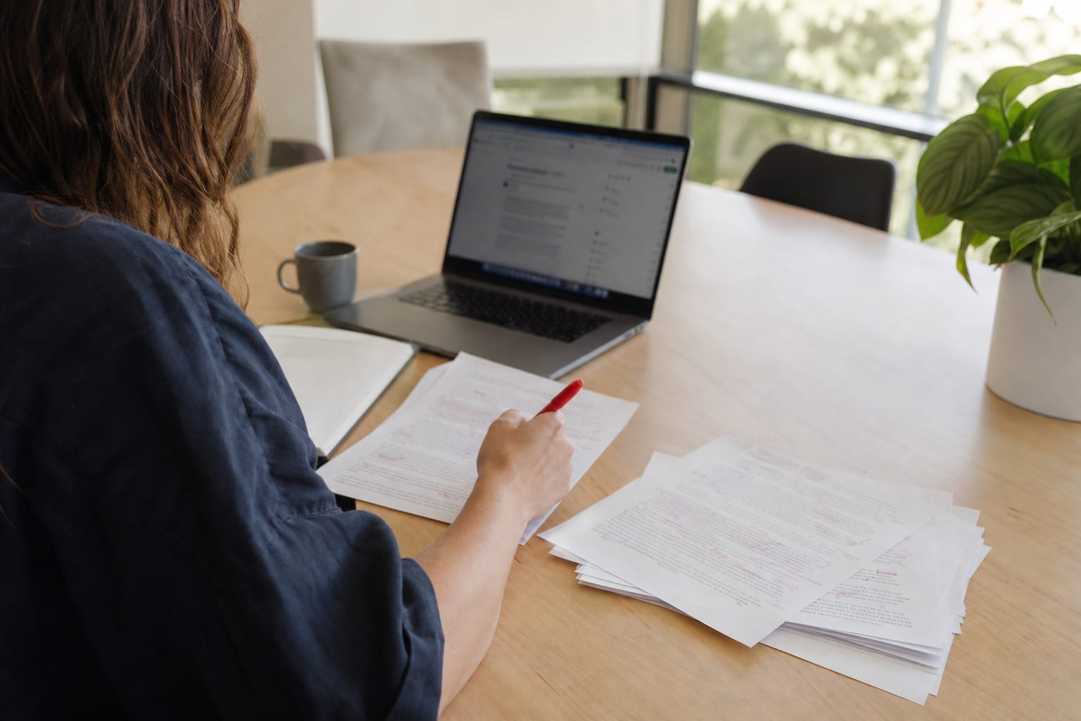 Editor marking a printed article draft in red pen beside a laptop showing the same document.