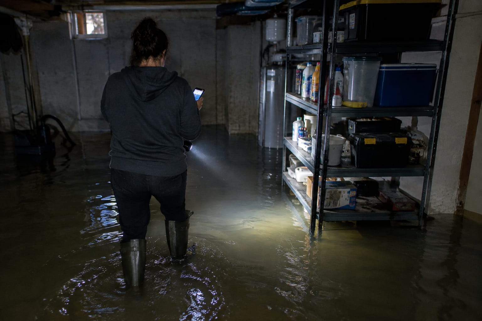 Homeowner in rain boots holding a flashlight and phone in a flooded basement at night