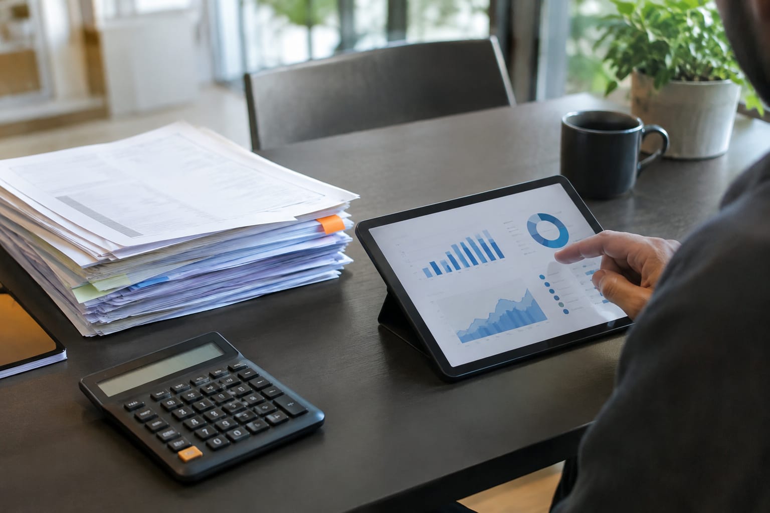 Hands comparing two SaaS pricing pages on a tablet and laptop beside a handwritten criteria list