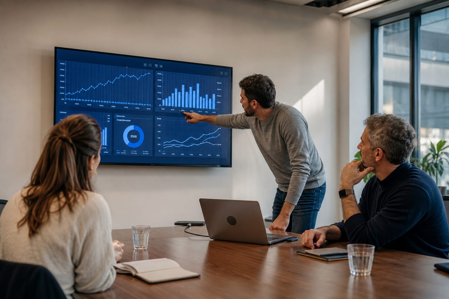 Three colleagues in a demo, one pointing at a specific metric on a dashboard on the wall screen