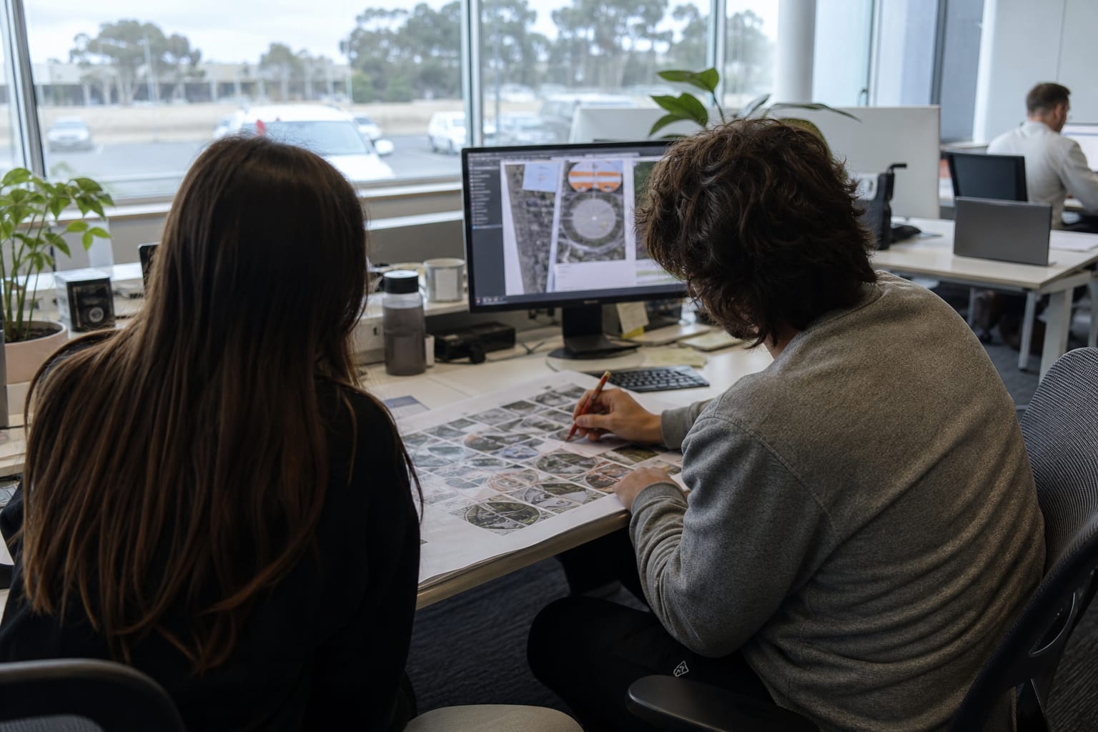 Two people reviewing a printed site audit report, one circling issues in red while checking a monitor