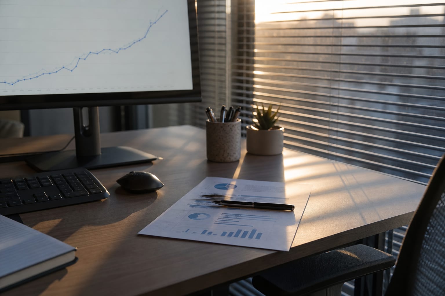 Monitor showing a six-month upward traffic chart beside a printed report at dusk