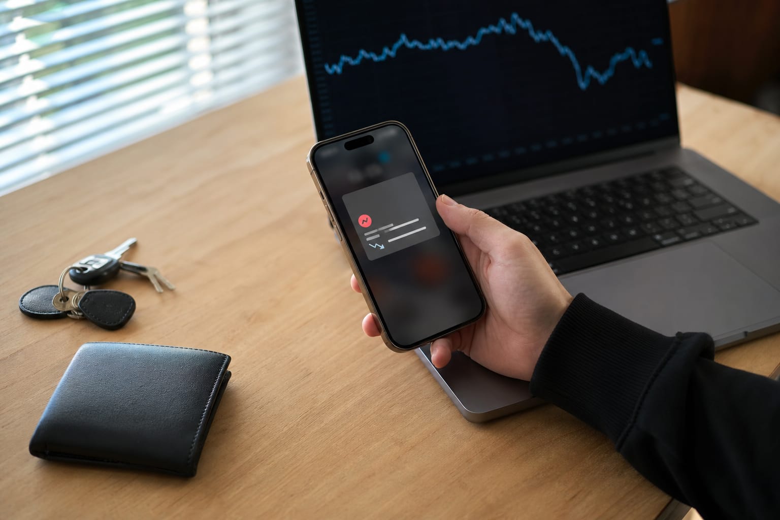 Phone showing a ranking-change alert above a laptop displaying a line chart with a dip.