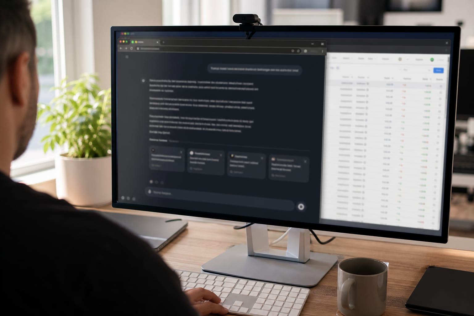 Chatbot answer with cited source links on a monitor, a rank-tracking table behind it