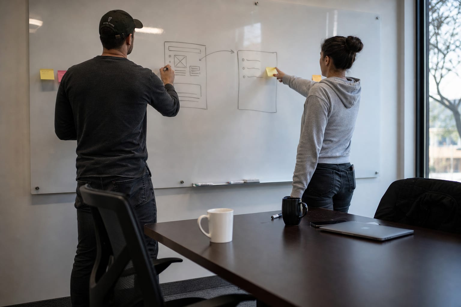 Two colleagues at a whiteboard drawing two labelled columns linking a page diagram to an answer box sketch.