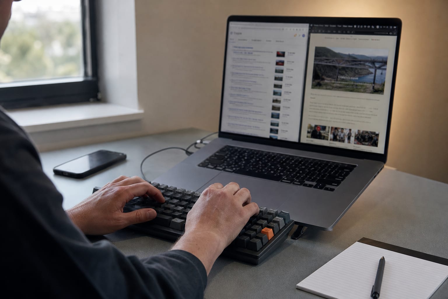 Hands typing at a keyboard with search results and a competitor article in split-screen view