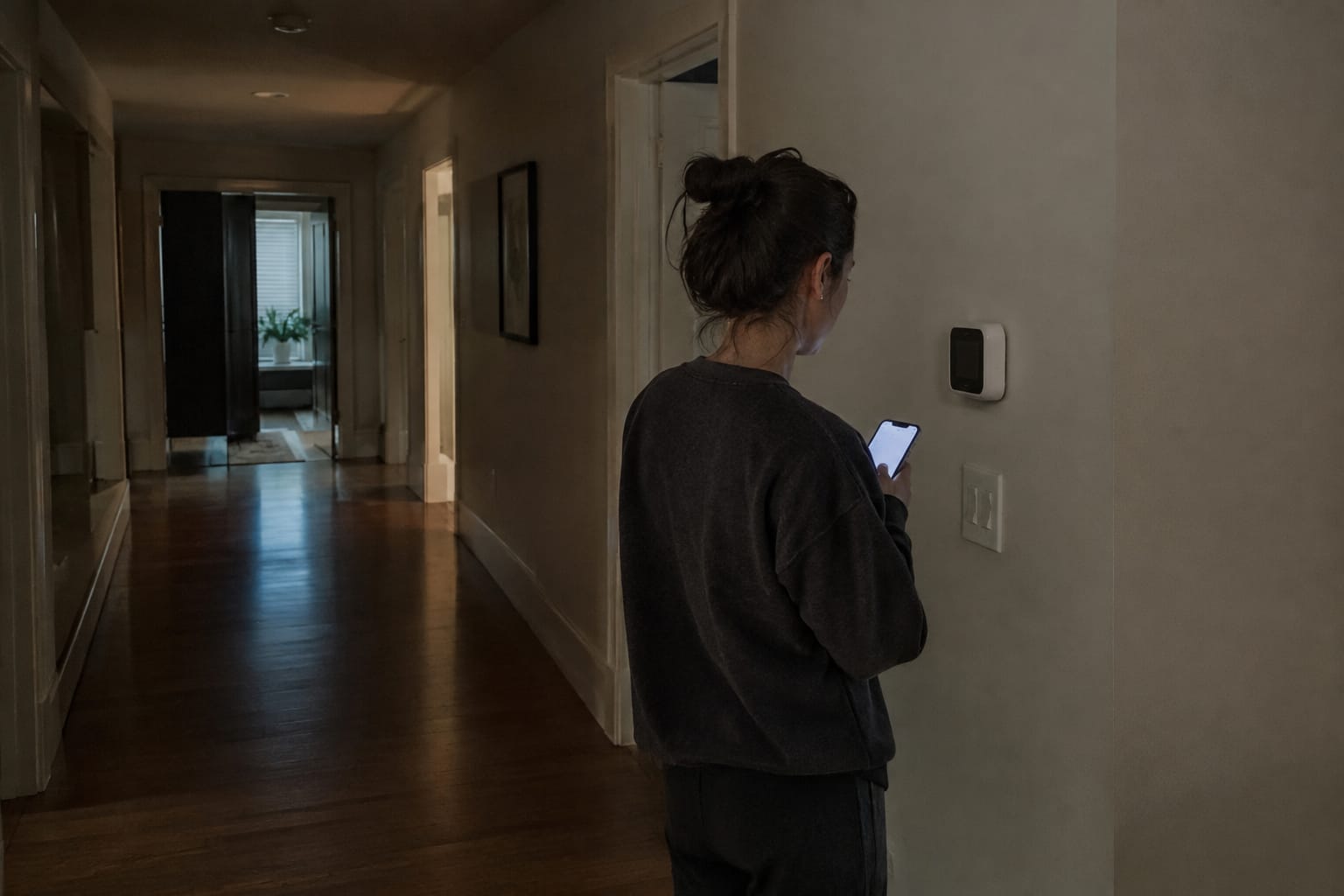 Homeowner in a dark hallway beside a wall thermostat, holding a glowing smartphone