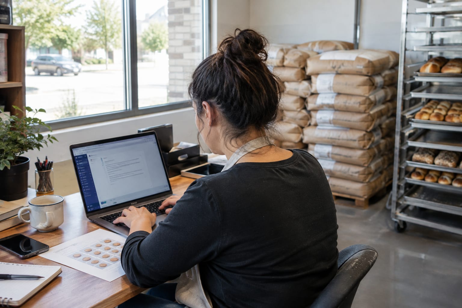 Shop owner at a counter reading an AI assistant's list of local business recommendations on a smartphone