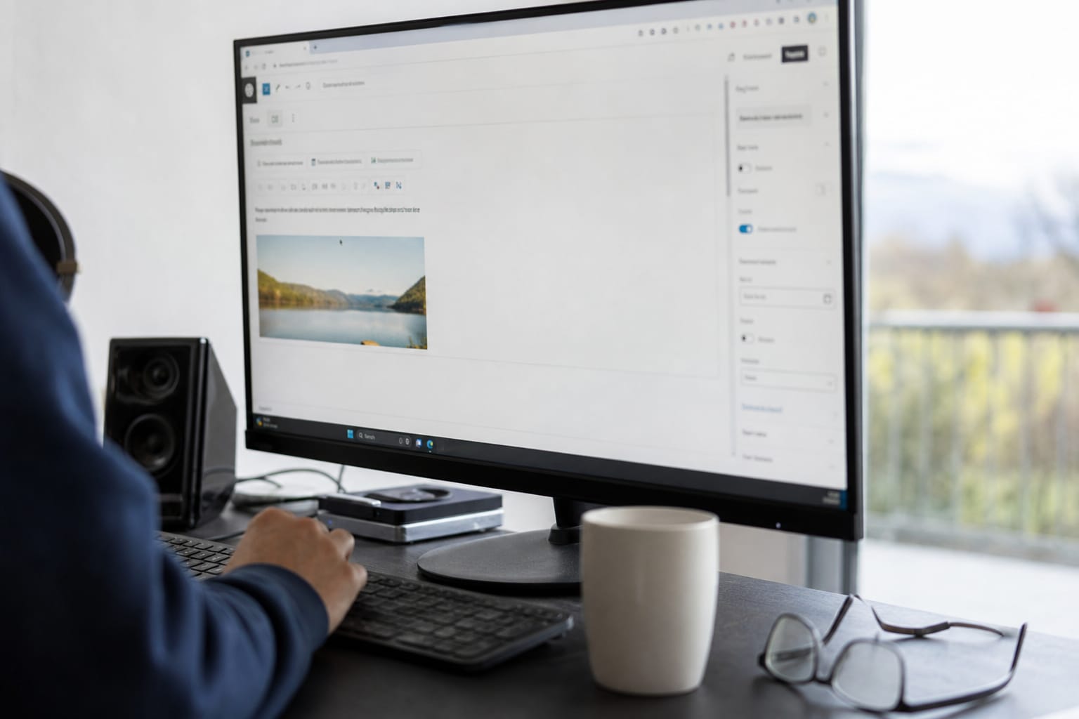WordPress editor screen showing a scheduled post panel next to a mug and glasses