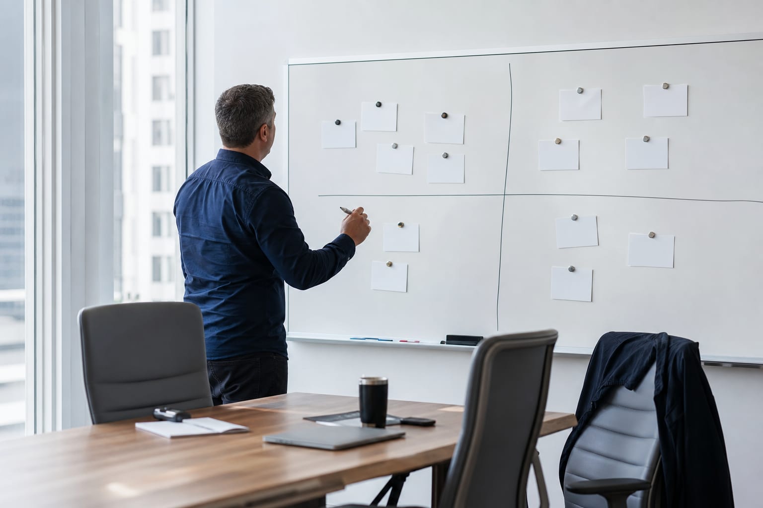 Whiteboard split into four labelled quadrants with magnetic cards and a person holding a marker