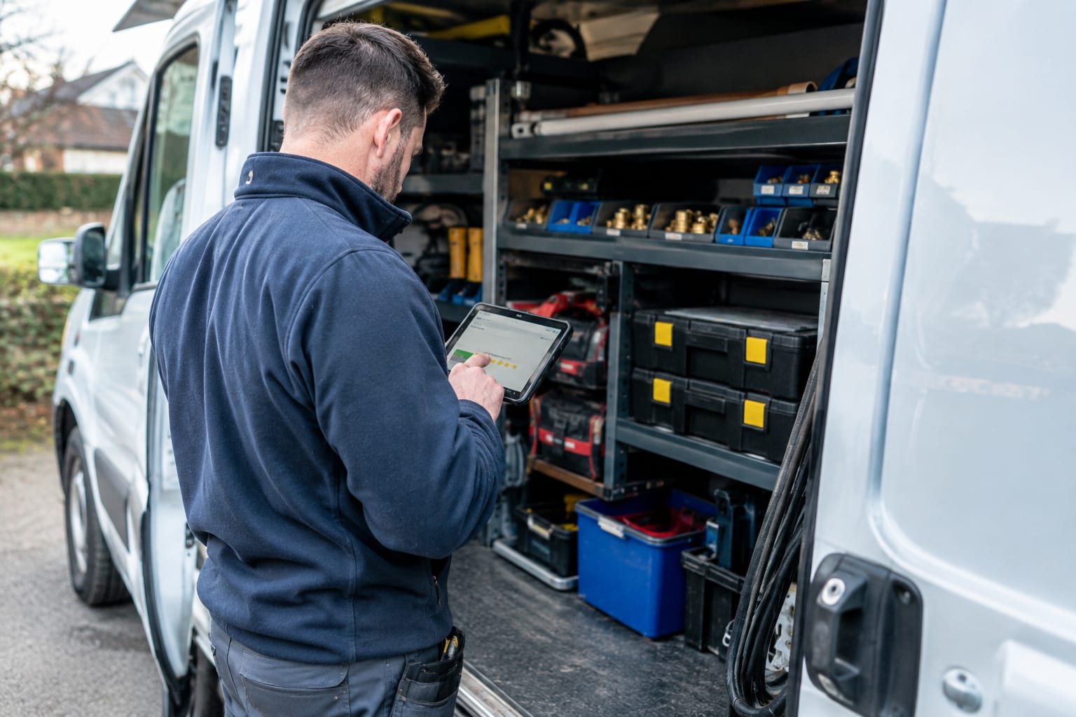Plumber sitting in an open van doorway reading a customer review on a tablet, shelves of tools behind
