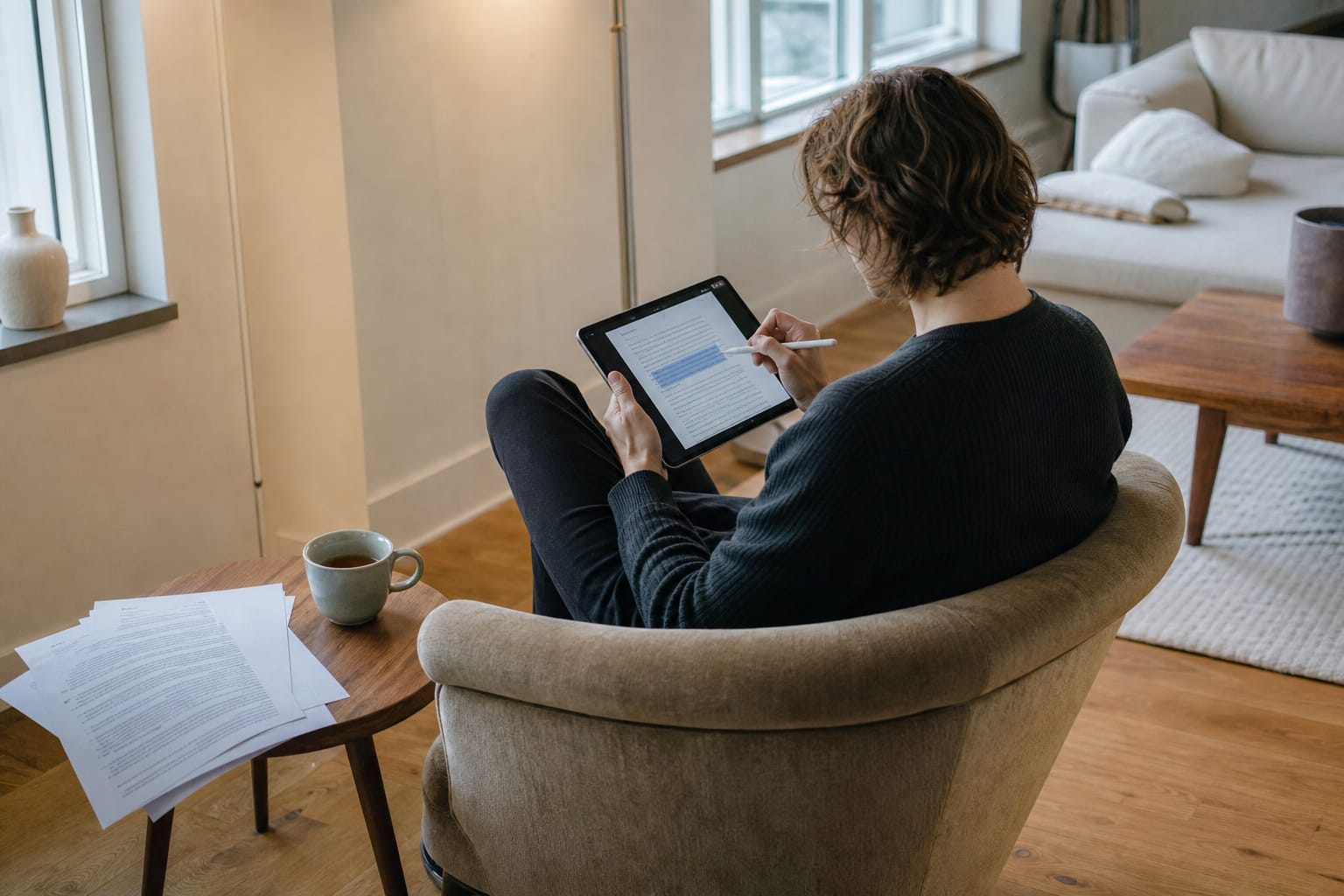 Editor marking a draft article on a tablet with printed style-guide pages nearby