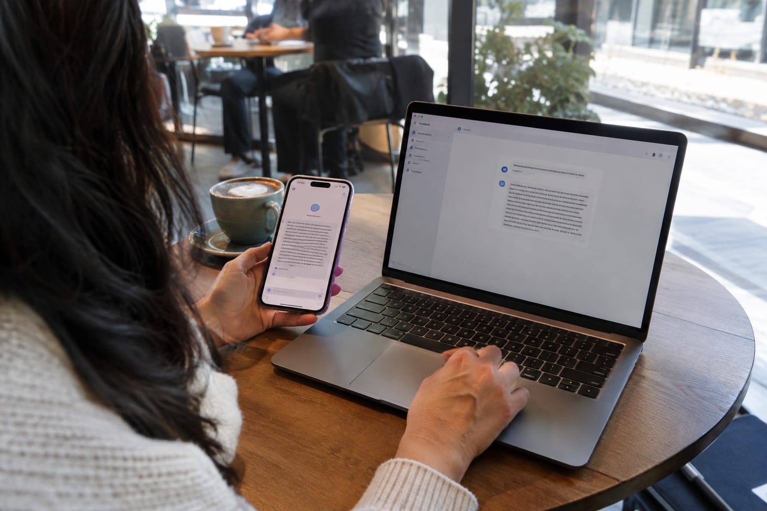 Phone and laptop on a café table showing two different AI assistant answers to the same question