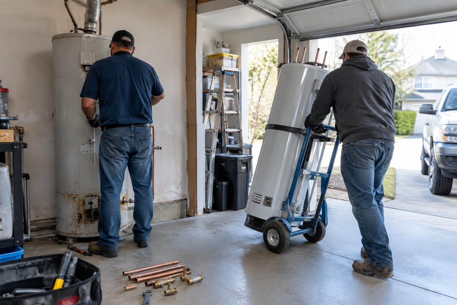 Two plumbers installing a new tank water heater in a garage using a hand truck