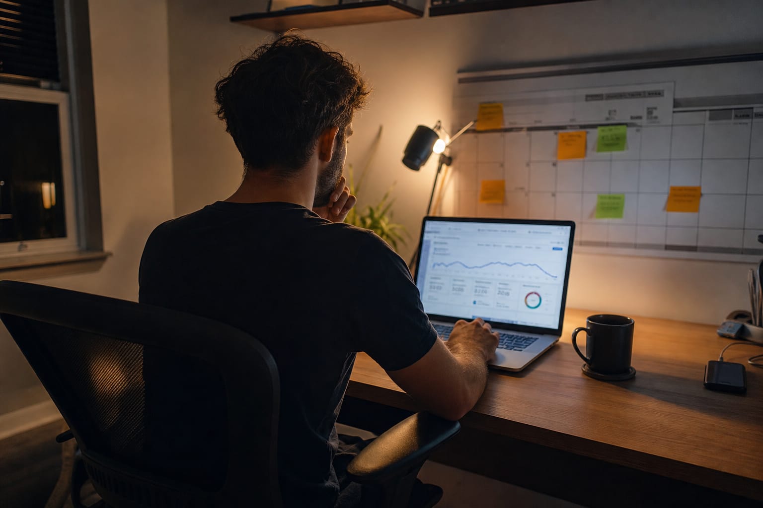 Solo founder at night working on an SEO dashboard with a content deadline calendar on the wall
