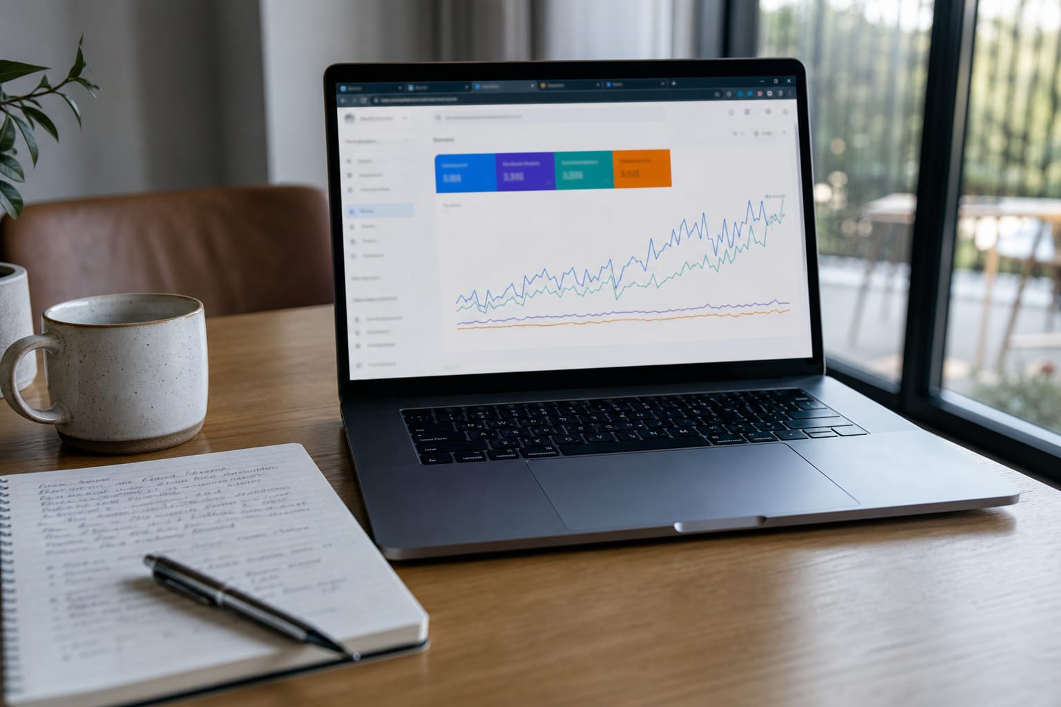 Laptop showing a rising clicks line in a Search Console chart beside a coffee cup and notebook.