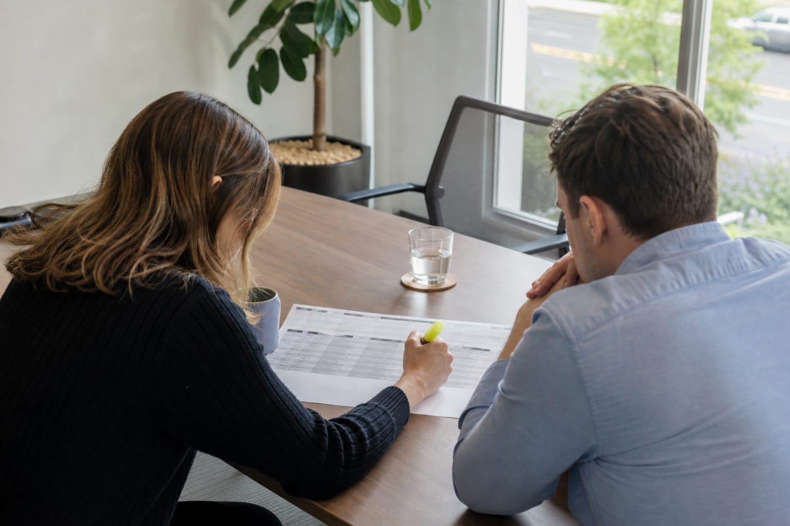 Two colleagues highlighting a row on a printed software comparison table
