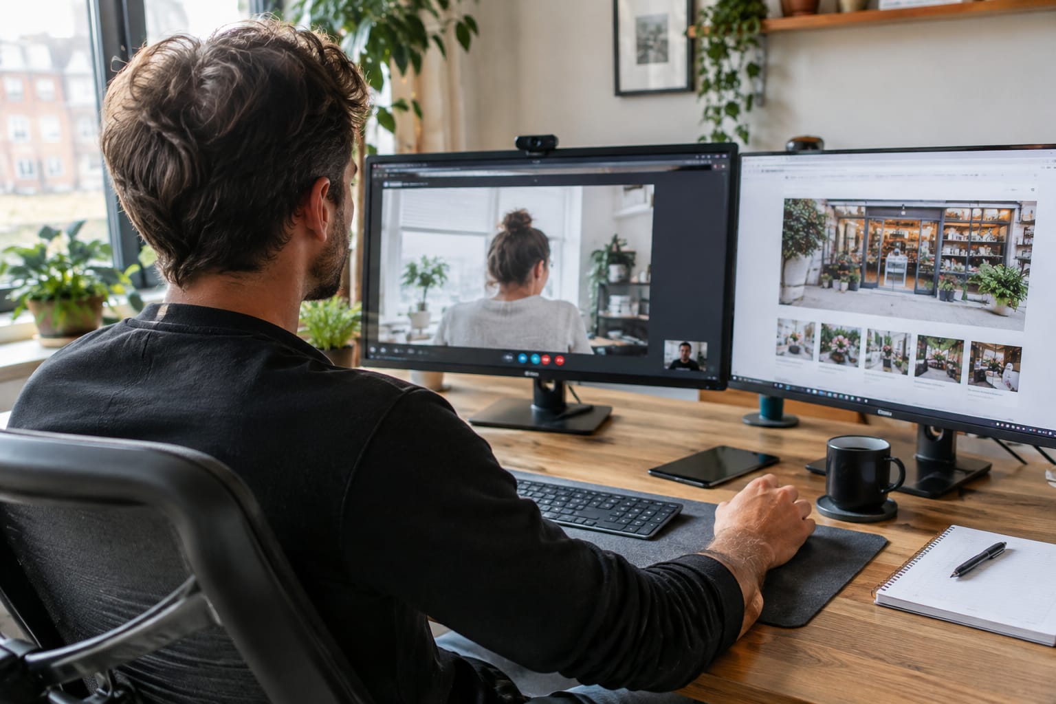 Agency owner on a video call, client storefront website on a second screen, handwritten checklist on a notepad