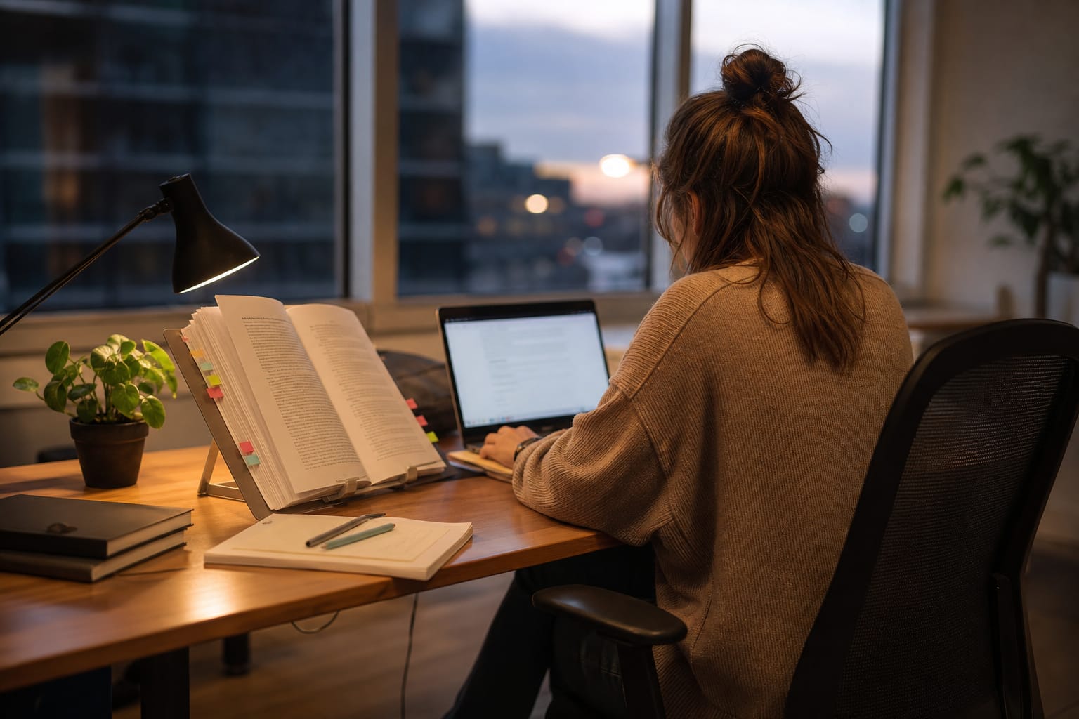 Writer typing at a laptop beside a tabbed printed style guide under warm lamp light at dusk