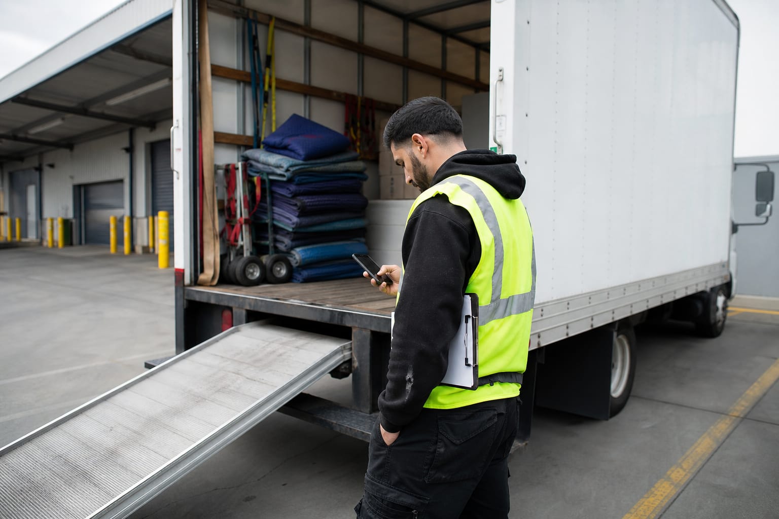 Moving company owner in a high-vis vest checking enquiries on his phone beside an open box truck in a loading bay.