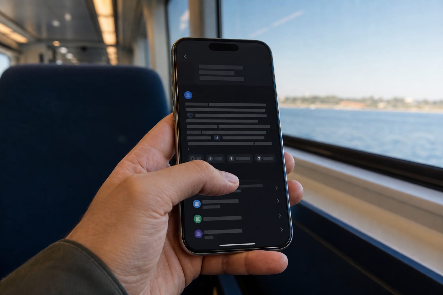 Smartphone on a train showing a chatbot answer with numbered inline citations, a thumb near a source chip.