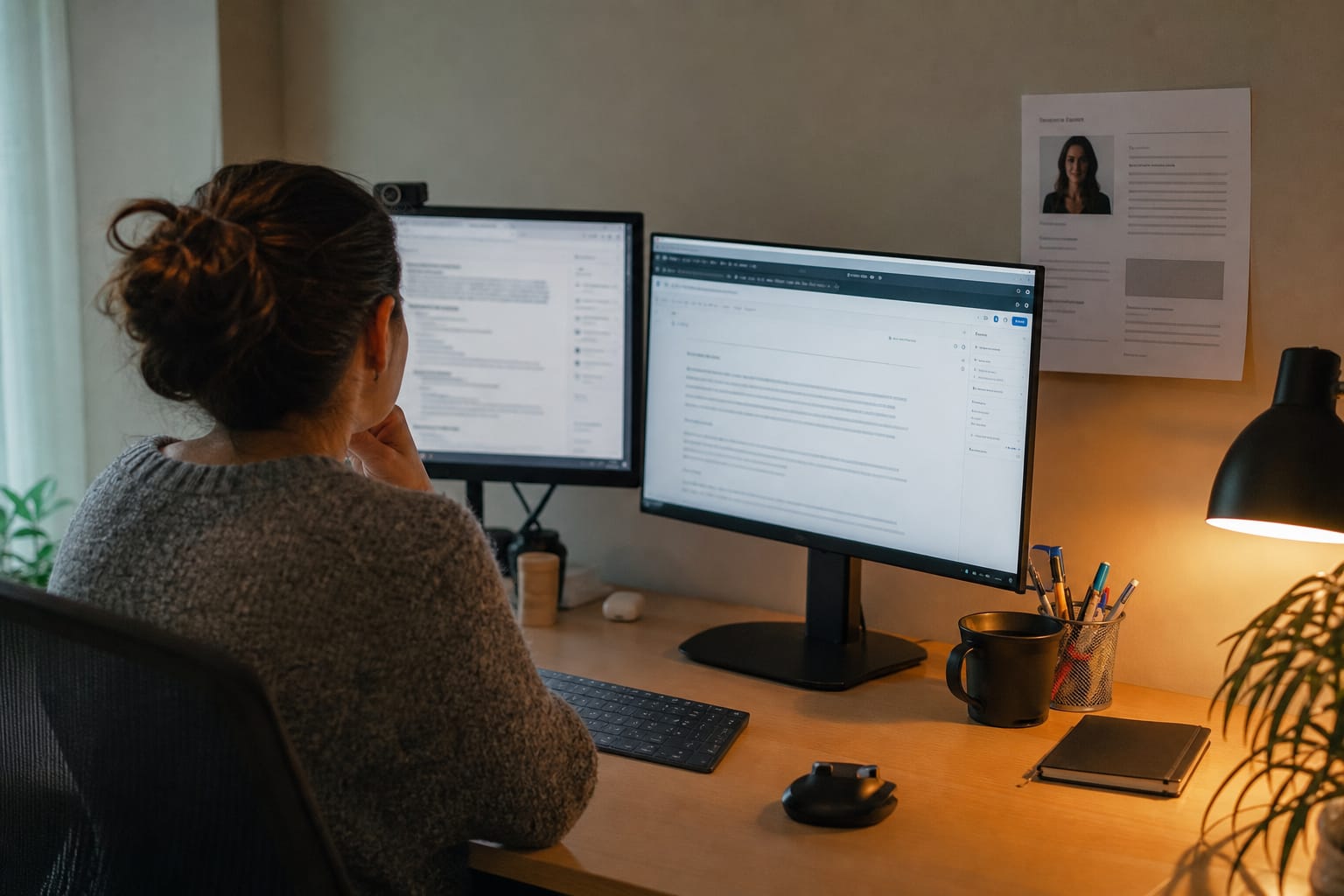 Dual monitors showing a keyword content brief on the left and a draft blog post in a CMS on the right.
