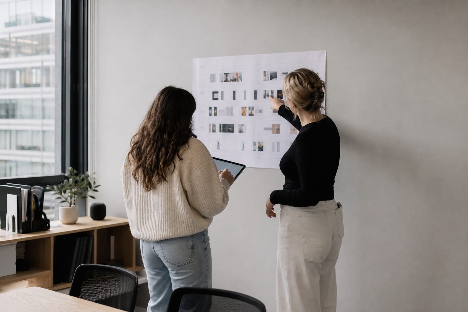 Two colleagues reviewing a printed content calendar on a wall, one pointing and one taking notes.