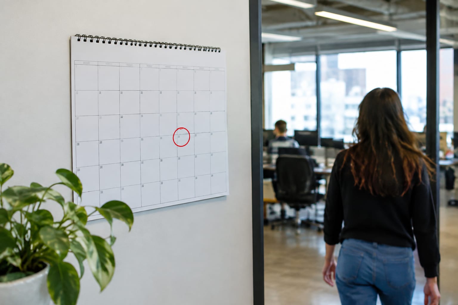 Wall calendar with a date three months ahead circled and labelled SEO review, person blurred behind