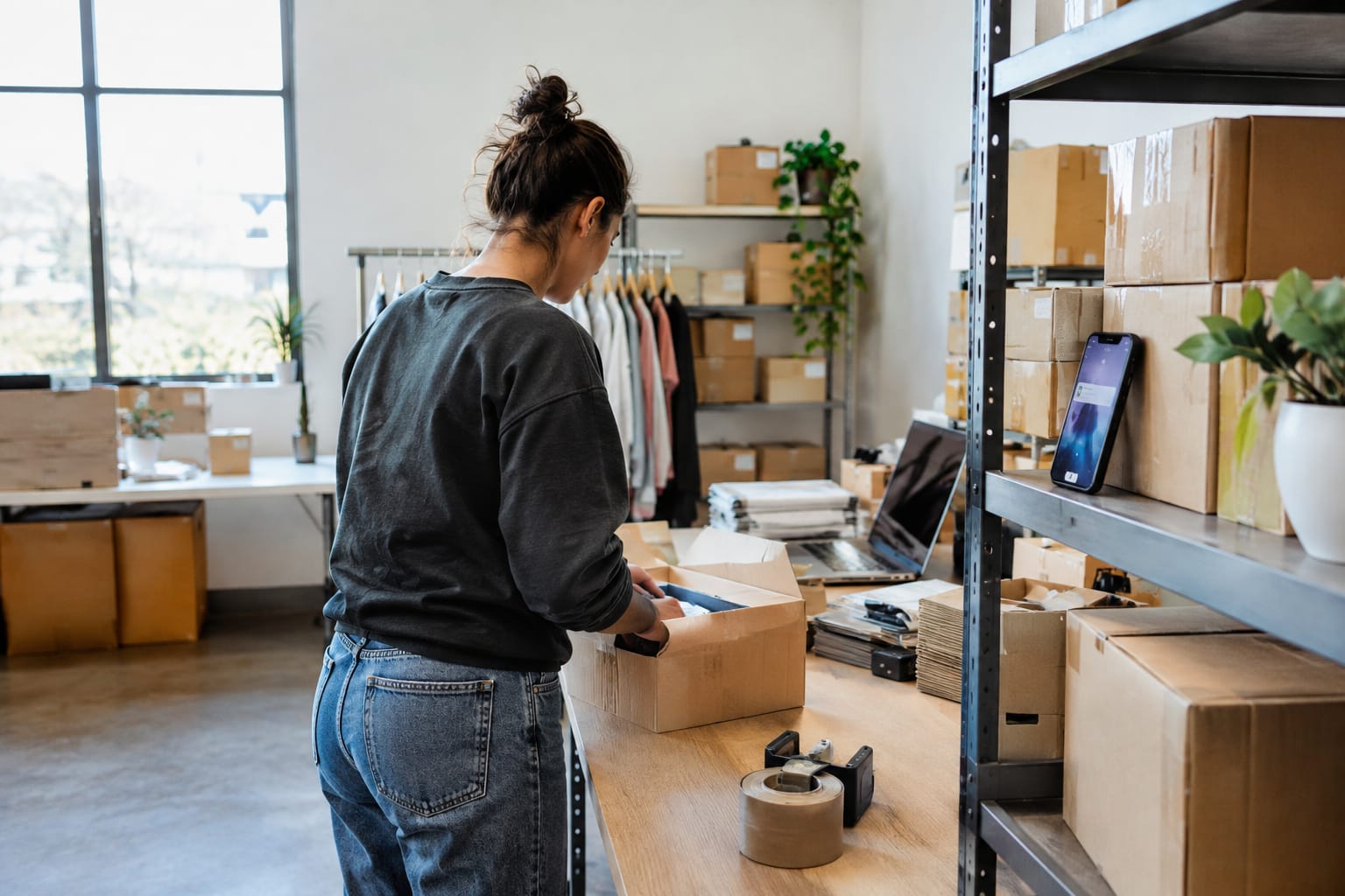 Online shop owner packing boxes in a stockroom while a smartphone on a shelf shows a notification