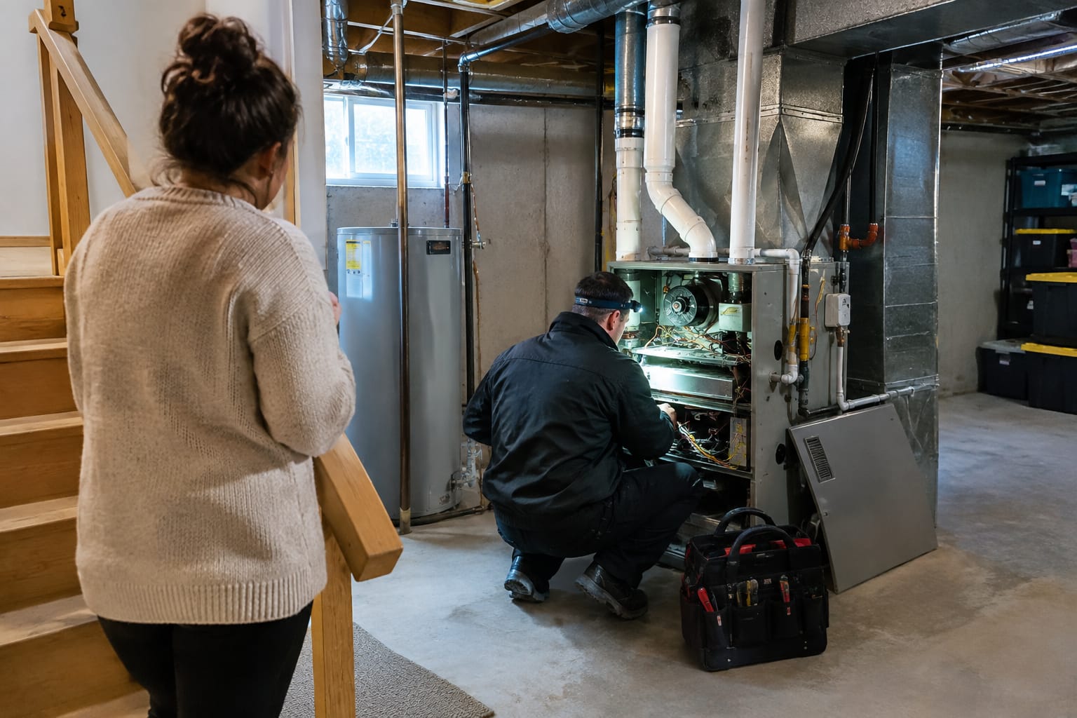 Technician with a headlamp inspecting an open gas furnace in a basement while a homeowner watches from the stairs