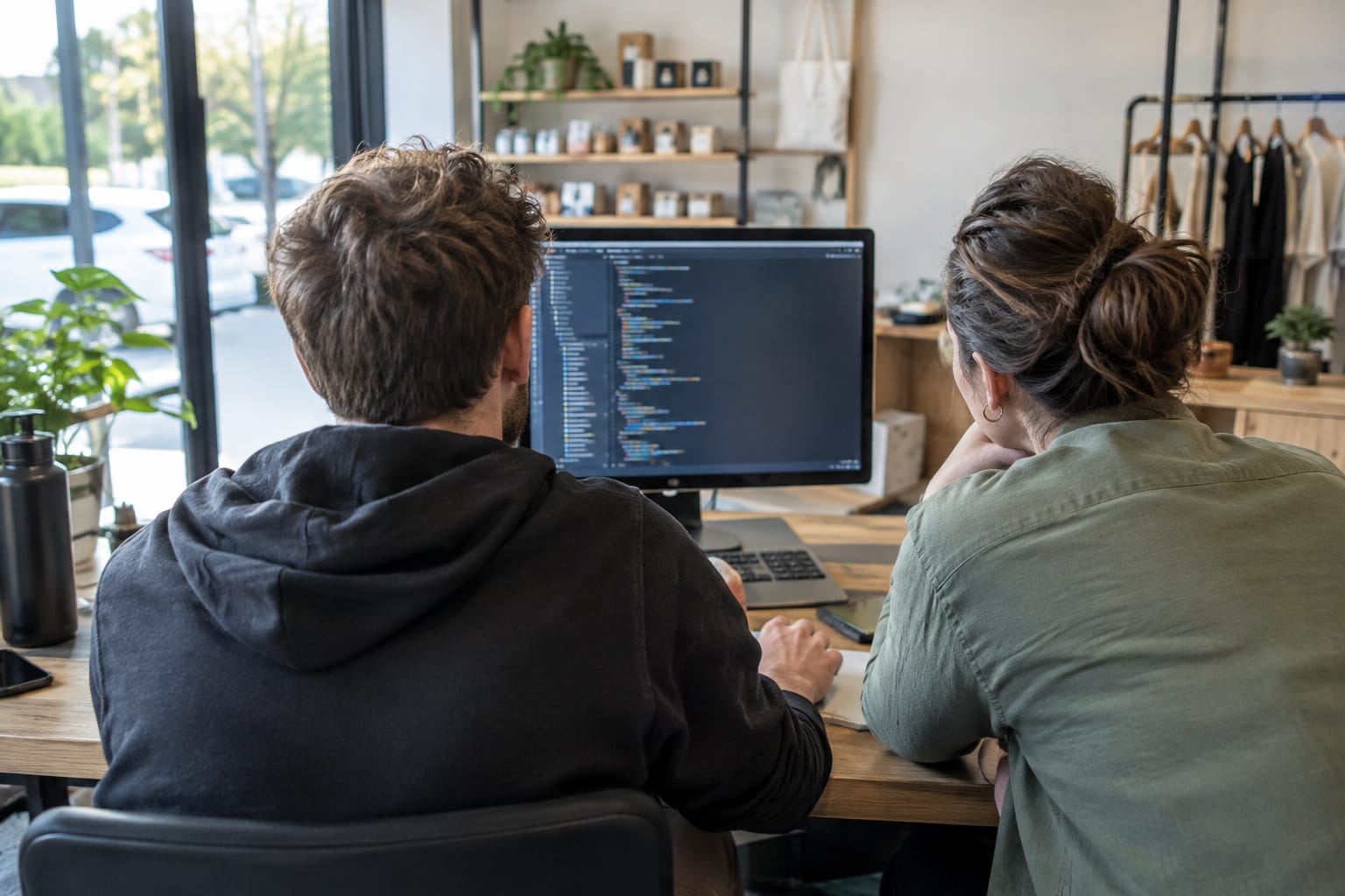 Developer and shop owner reviewing a robots.txt file in a code editor on a desktop monitor