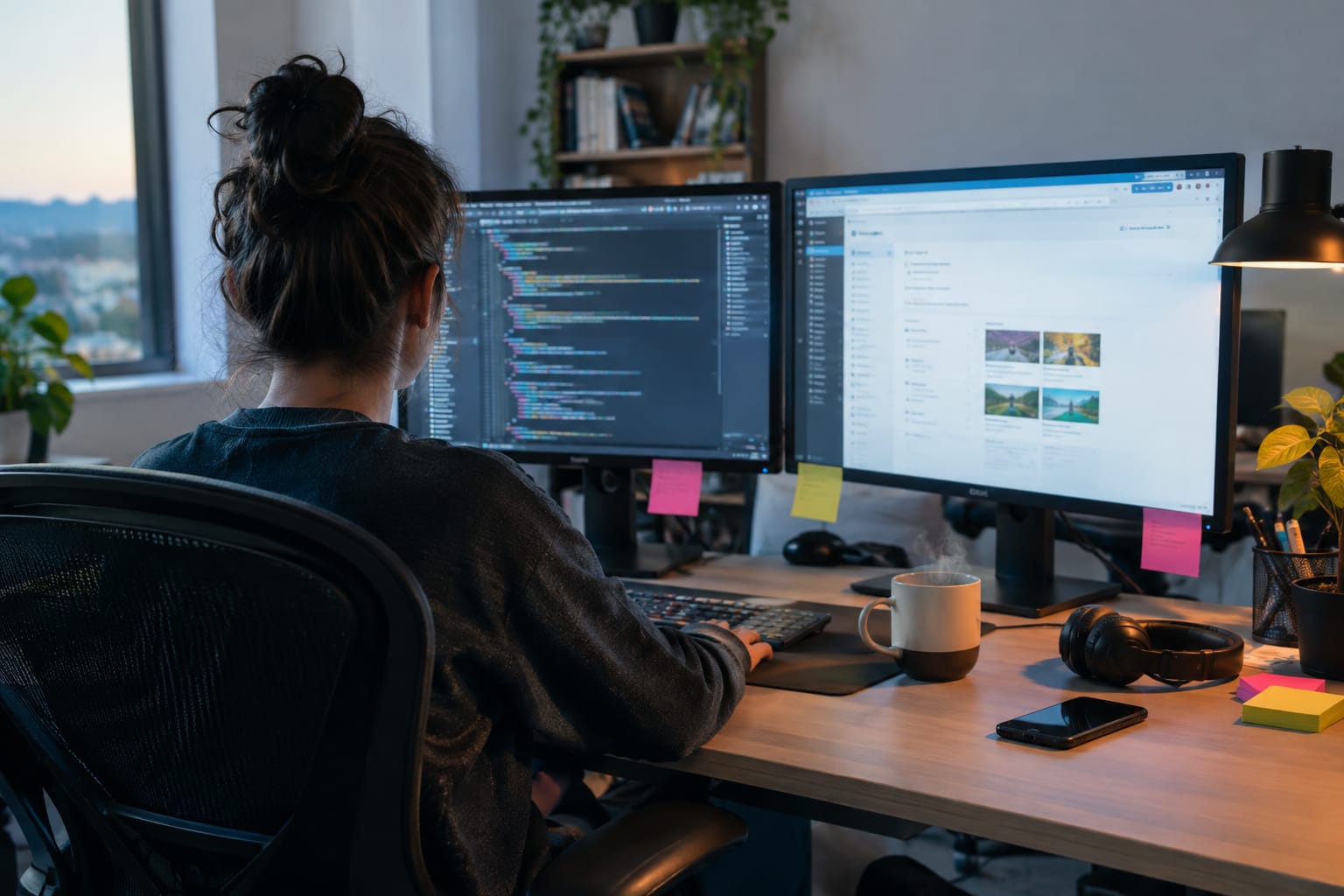 Dual monitors showing code on one screen and a CMS admin panel on the other, with sticky notes and a mug