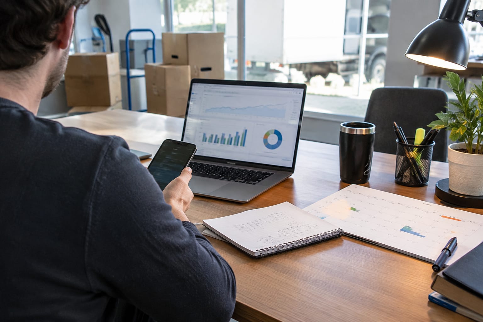 Moving company owner on the phone at a desk with a laptop, paper job calendar and handwritten quote notes
