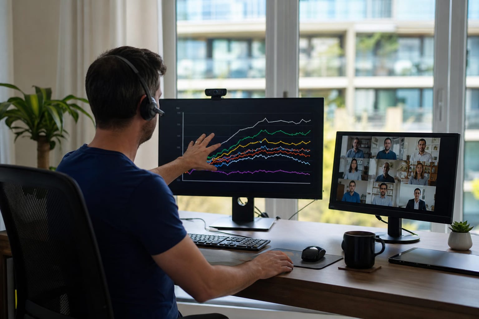 SEO specialist on a video call gesturing at a large monitor with a ranking chart