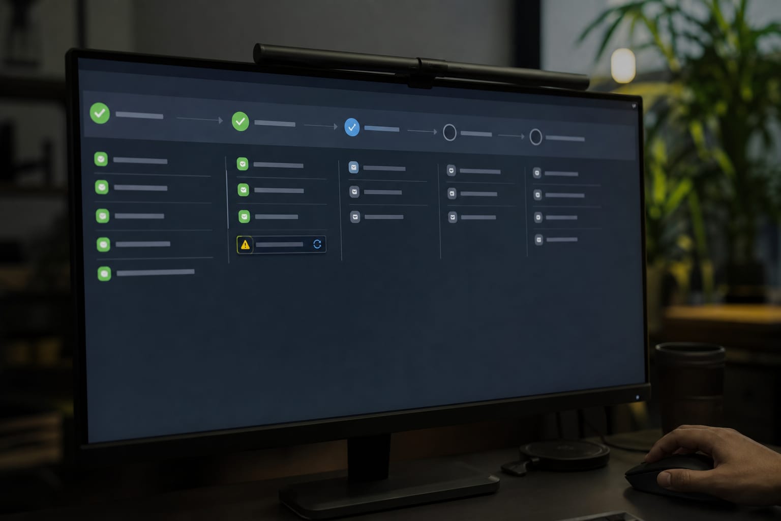 Pipeline screen with research, plan, draft, QA and publish stages, one item flagged for regeneration