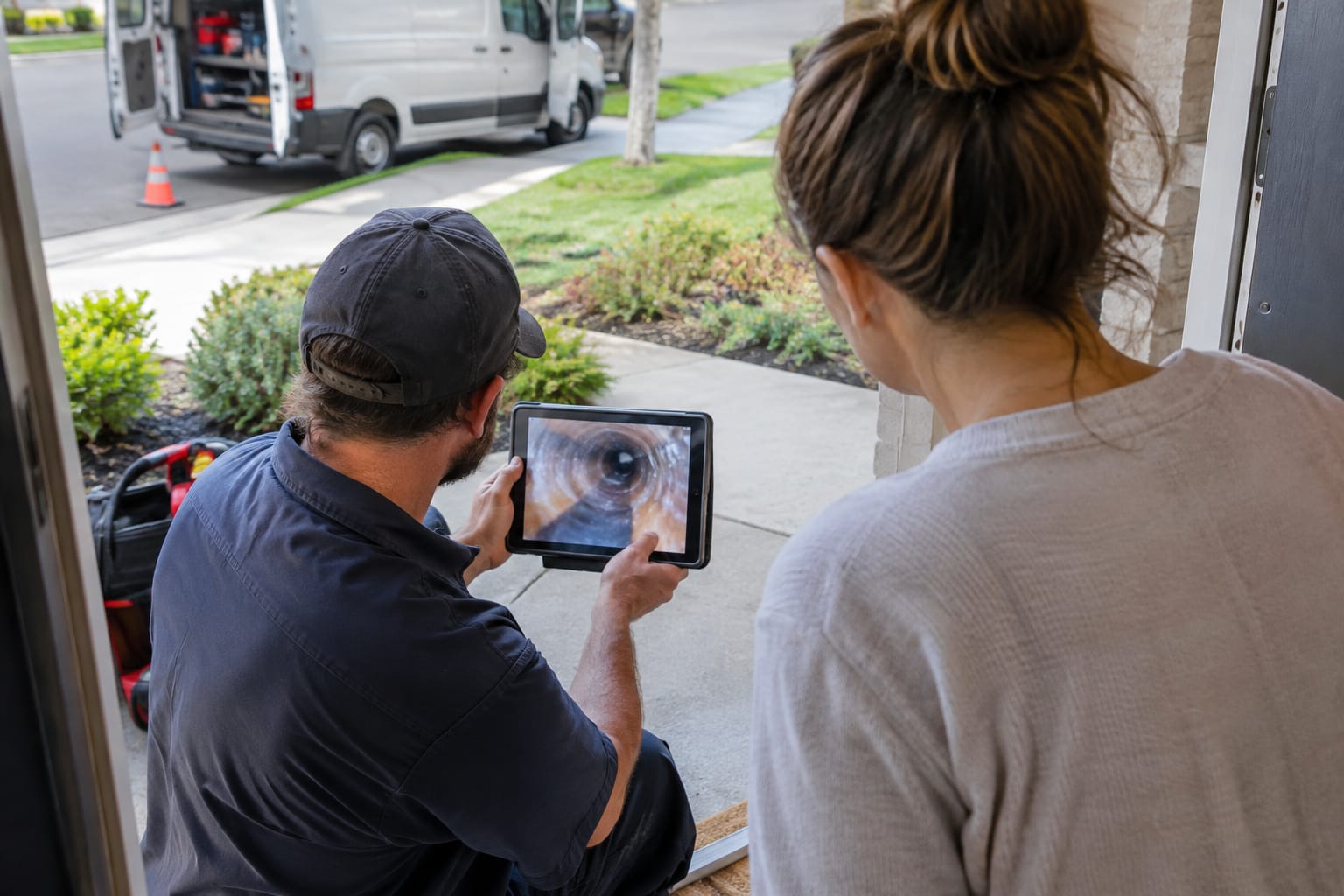 Plumber at a front door showing a homeowner a tablet, with a work van parked at the curb