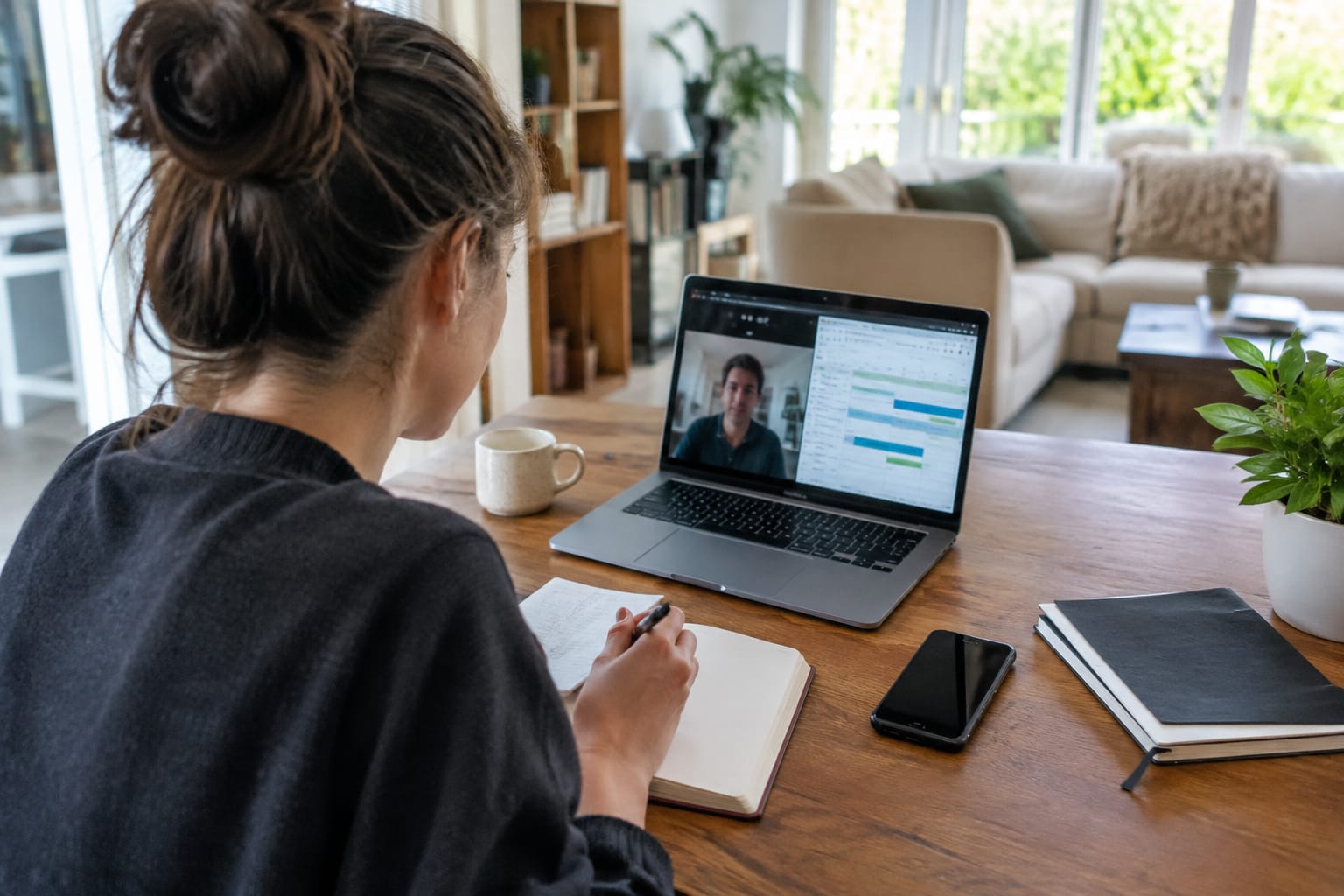 Founder on a video call with a laptop showing a weekly task log and a notebook of handwritten questions