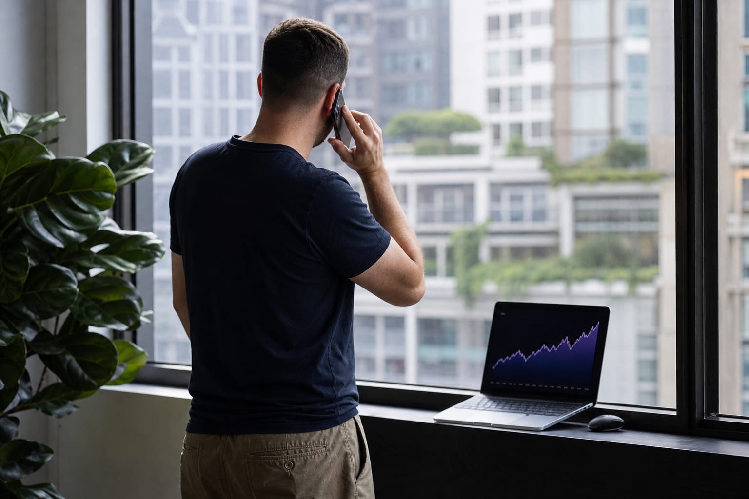 Marketer on a call beside a laptop showing a rising organic traffic graph
