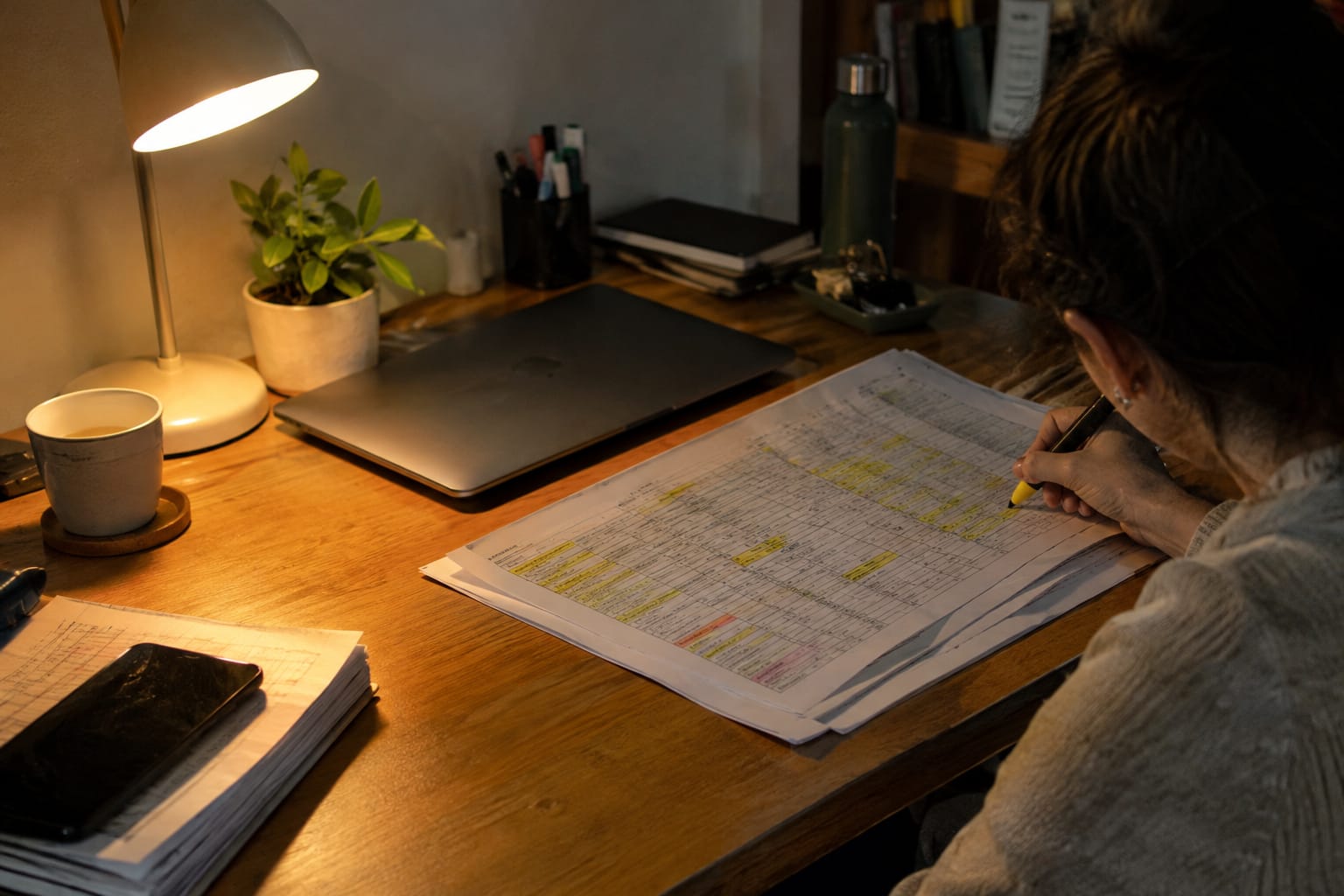Printed spreadsheet covered in highlighter marks on a desk beside a closed laptop under a lamp at night