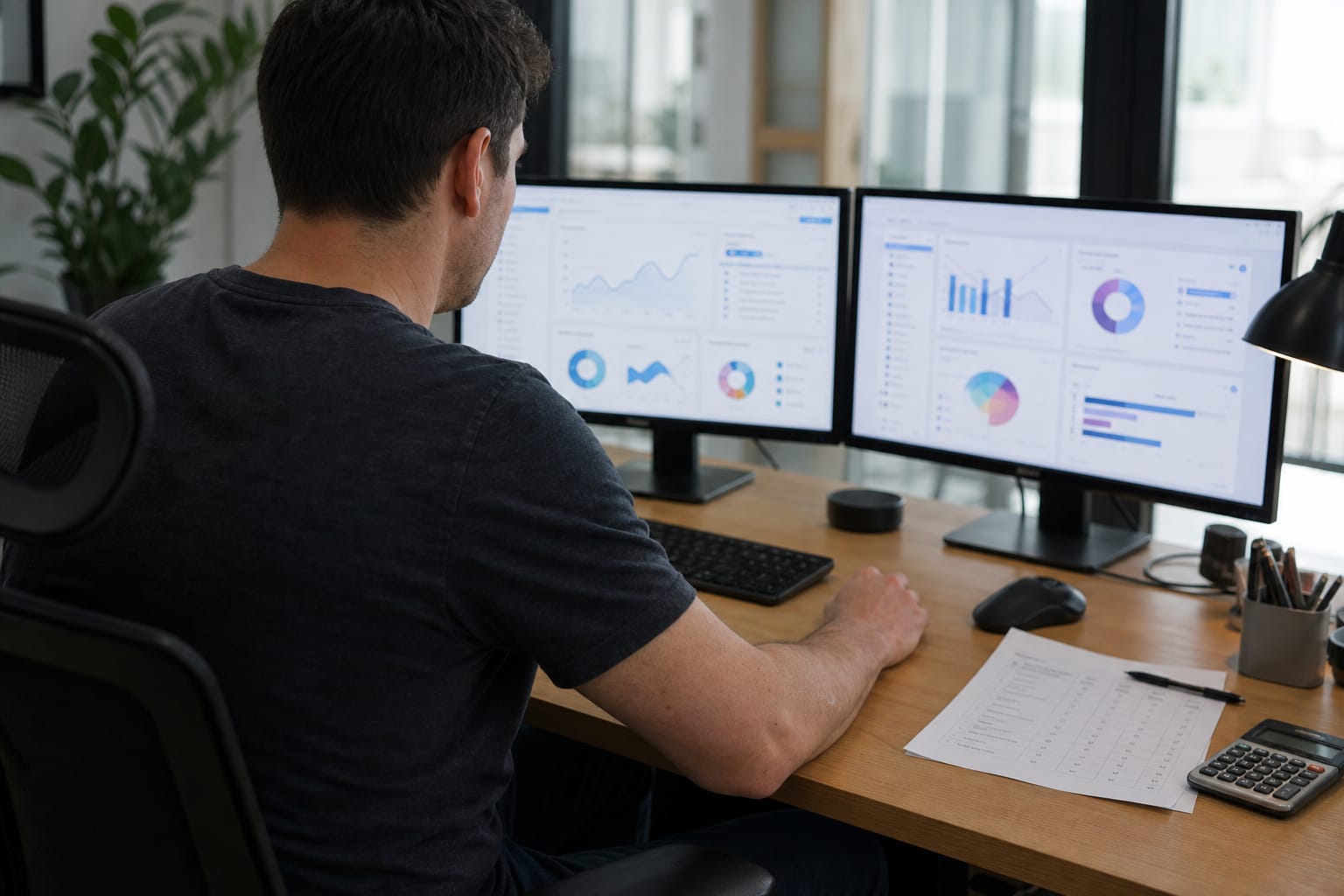 Monitor showing SEO research charts on one side and published article cards flowing into a CMS on the other