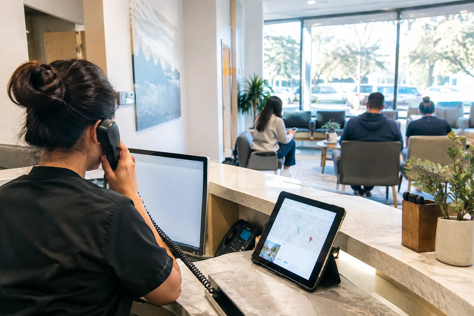 Dental clinic reception desk with a tablet showing a Google Maps listing, receptionist on the phone