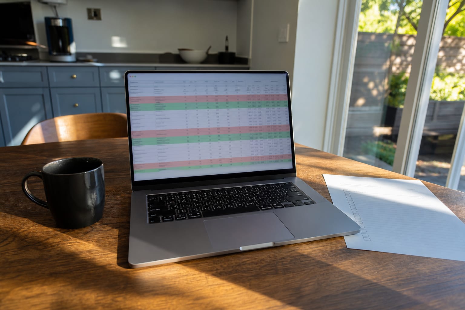 Keyword position table with red and green flagged rows beside a printed checklist on a wooden table.