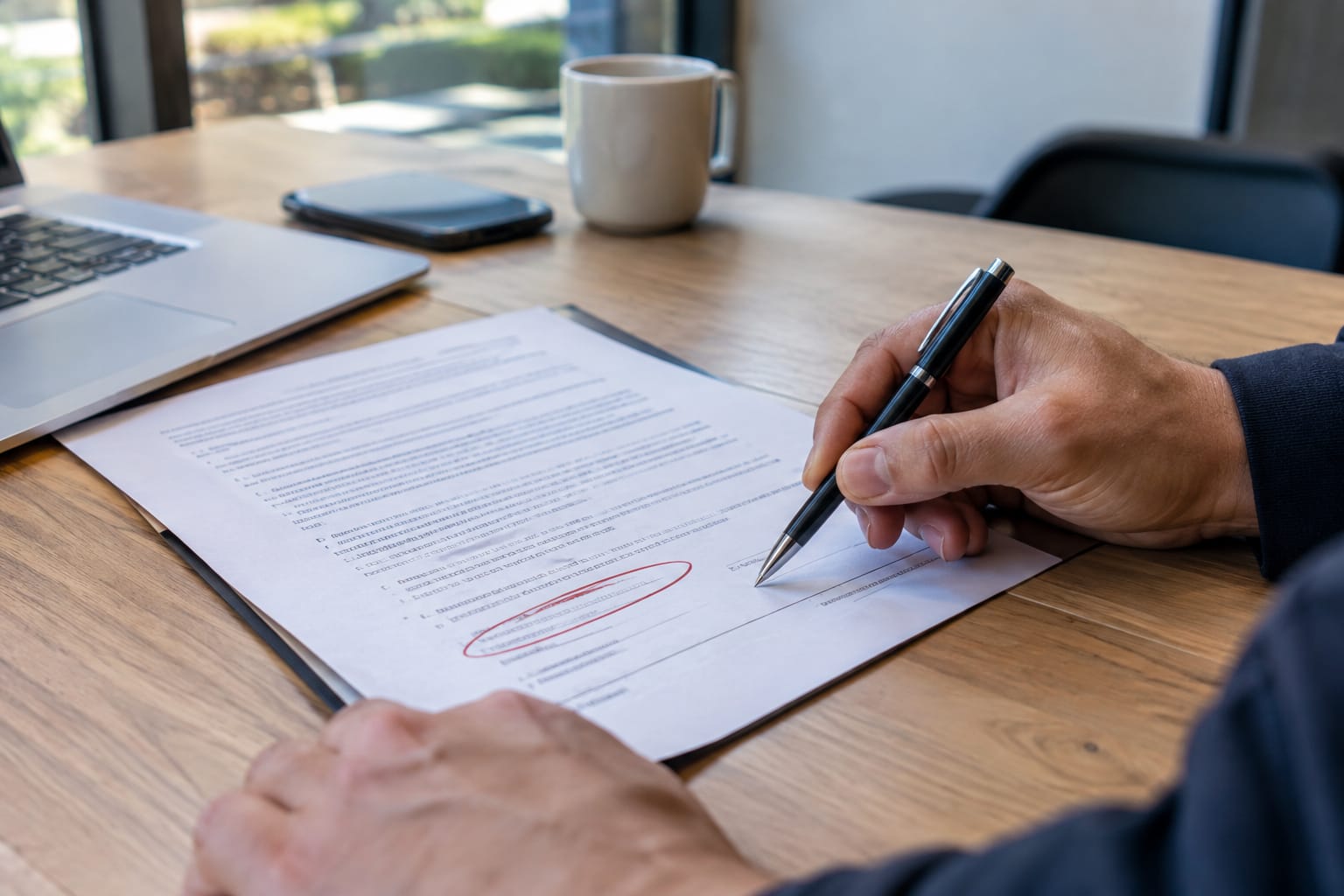 Hand holding a pen over a contract page with a contract-length clause circled in red ink