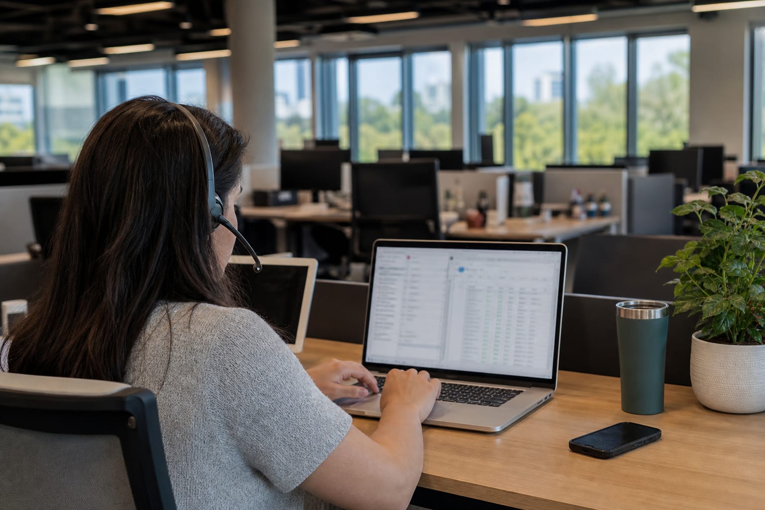 Outreach specialist on a headset call with an email thread and prospect-site spreadsheet on screen.
