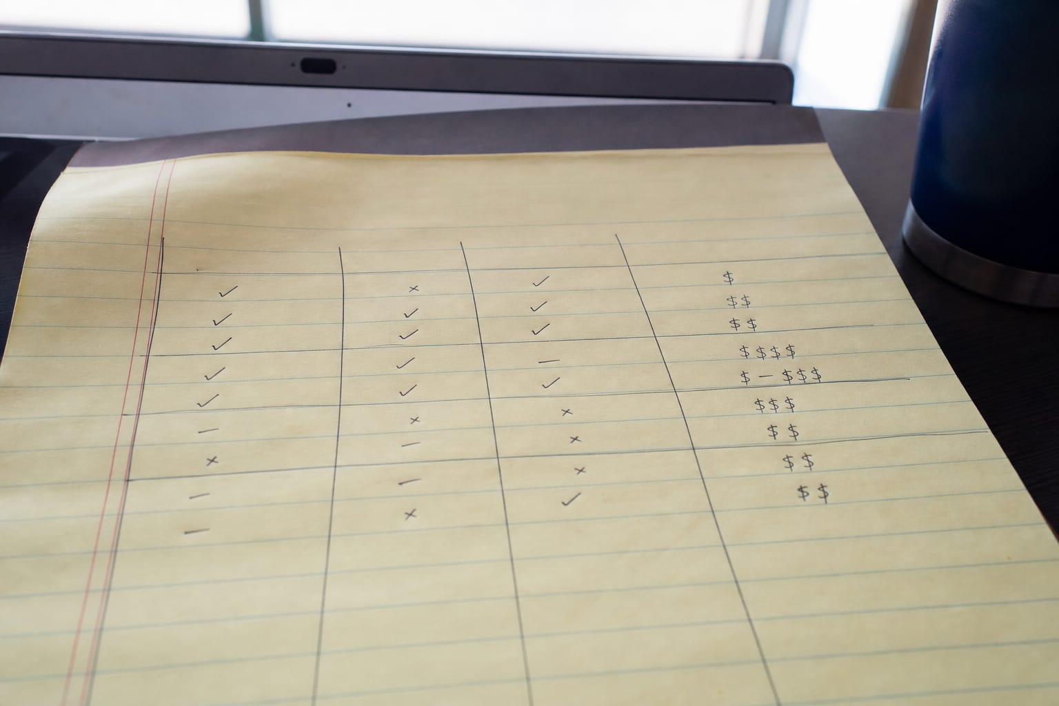 Hand-drawn comparison grid on a legal pad with ticks, crosses and dollar figures