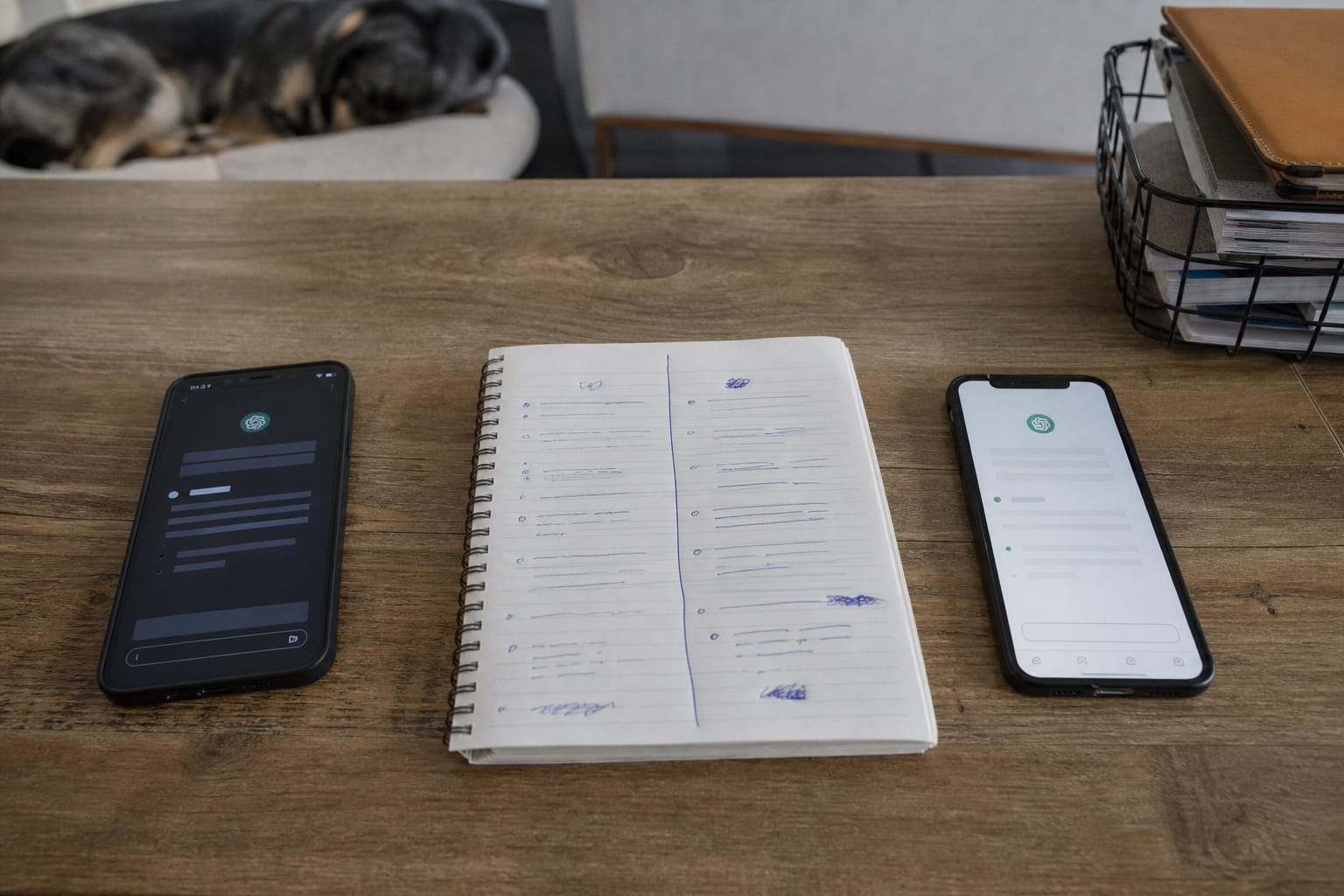 Two phones on a table showing different AI answers with a hand-drawn two-column comparison in a notebook