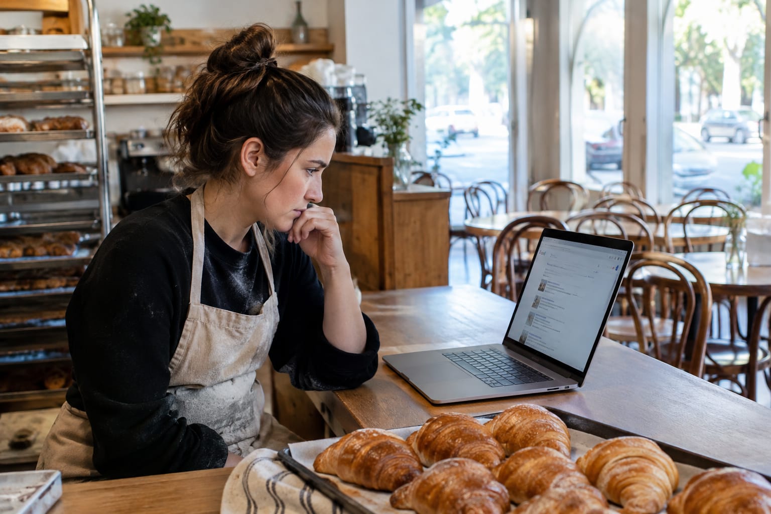 Bakery owner behind a counter looking at a laptop showing a Google results page, bread shelves behind
