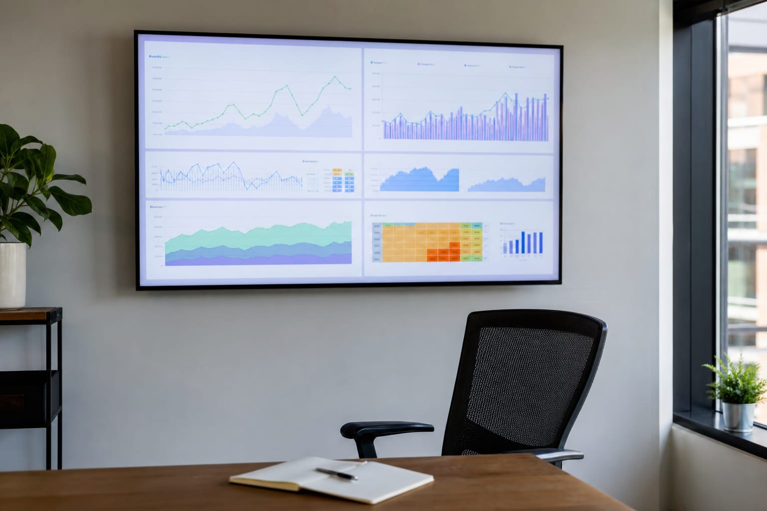 Wall-mounted dashboard displaying multiple traffic and ranking charts above an empty desk.
