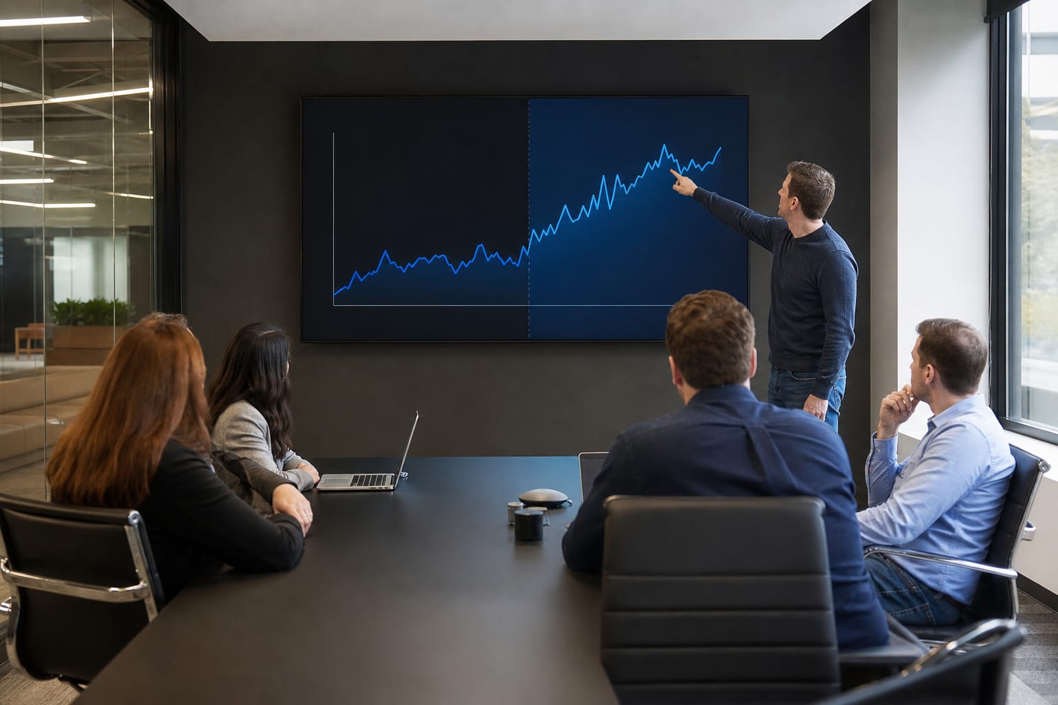 Team in a review meeting pointing at the rising later segment of a before-and-after traffic chart on screen.